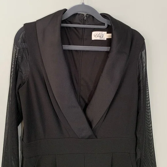 Eliza J Black Tuxedo Jumpsuit Sheer Mesh Long Sleeve Shawl Collar Womens 8 - Picture 3 of 11